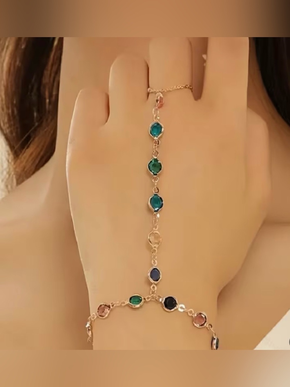 Elegant Gold Hand Chain with Multicolor Gemstones
